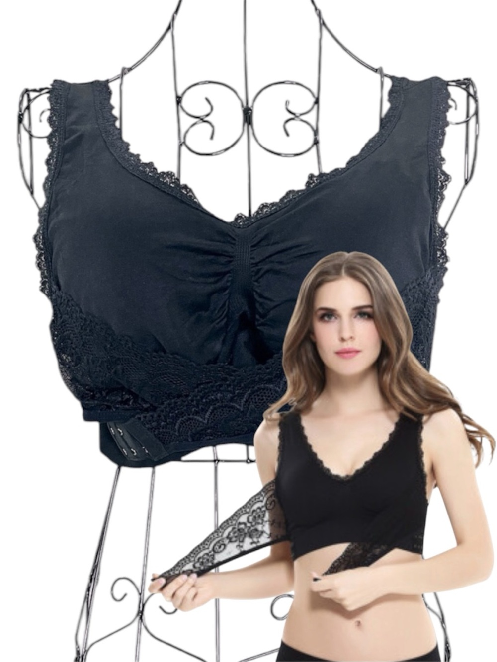 LELINTA Instant Lift Black Lace Wireless Sports Bra, Size Medium